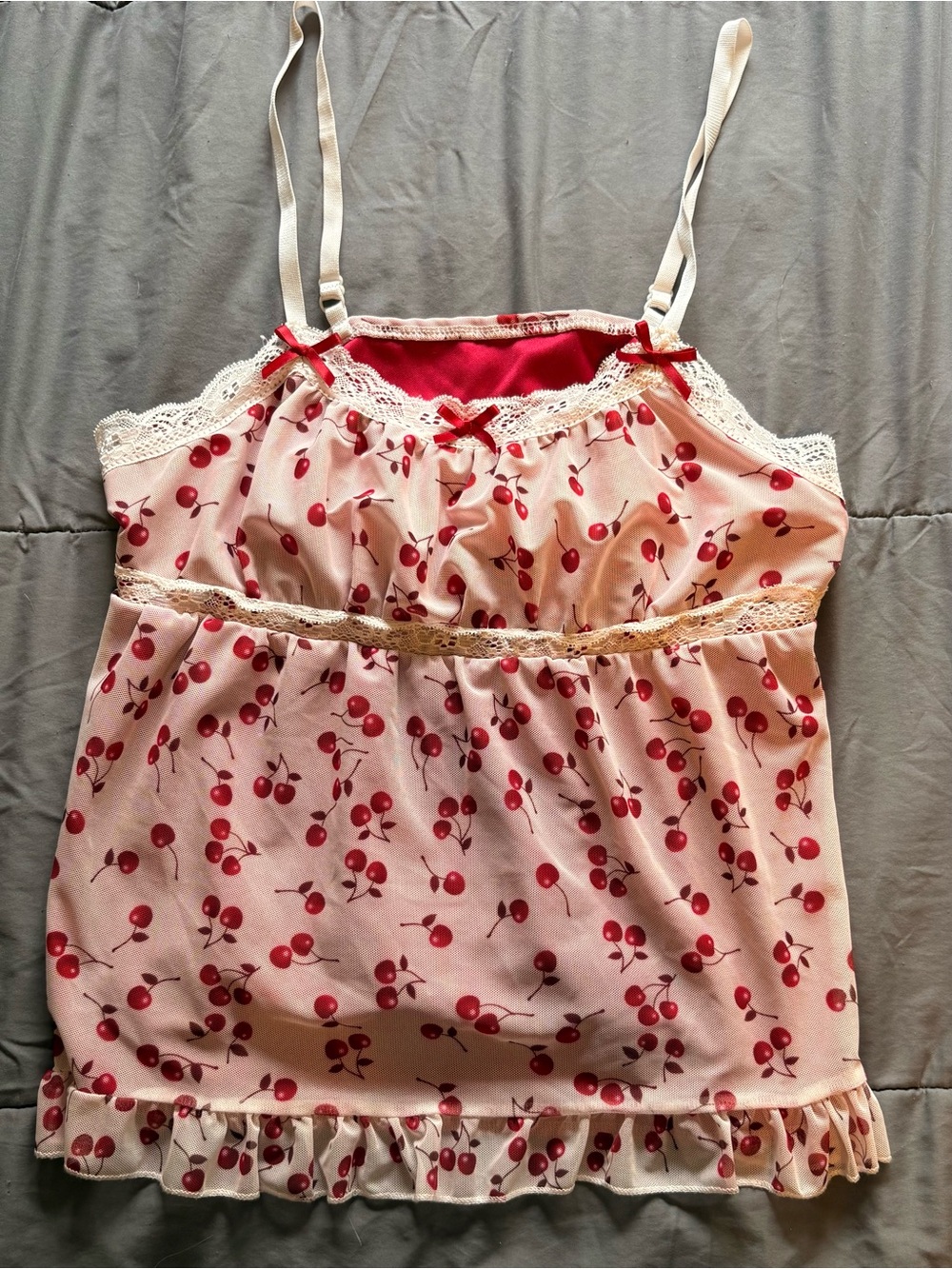 Cherry Print Pink Lace Trim Camisole